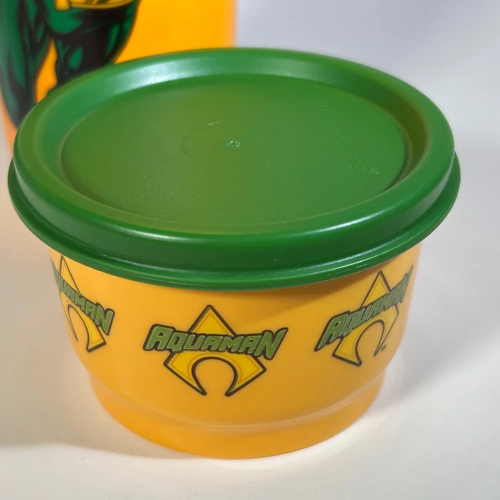Tupperware Aquaman Snack Cup & Tumbler 16oz Yellow Green Flip Top Lid Kids Adult